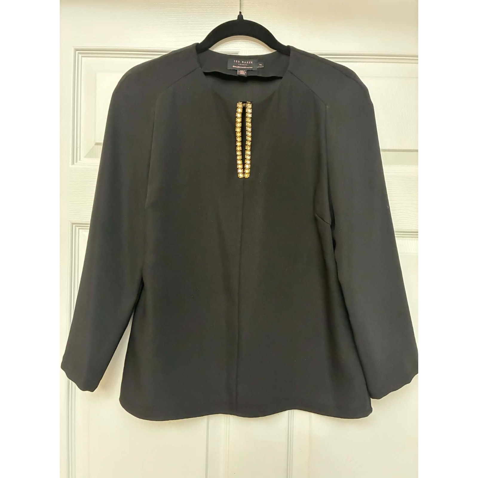 Ted Baker London Black Blouse Sz 2 Gold Crystal Embellished Vguc